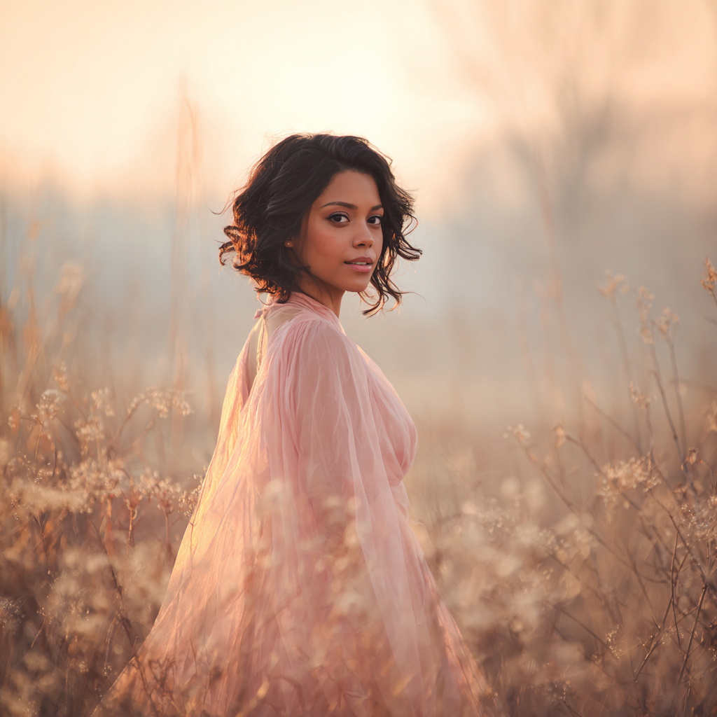 Young woman in flowing pink garment surrounded by wildflowers Young woman in flowing pink garment surrounded by wildflowers