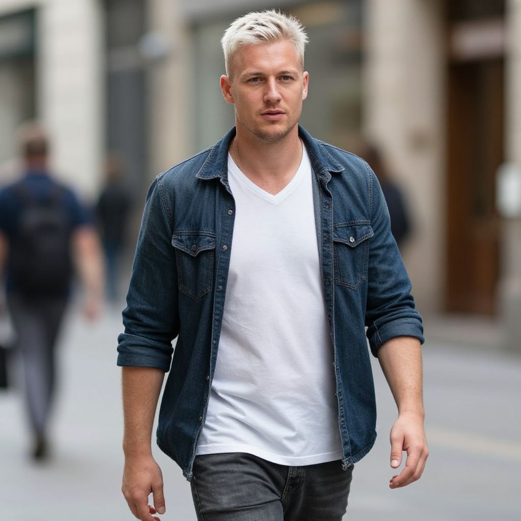 Confident Young Man Walking in City Street Casual Denim Jacket