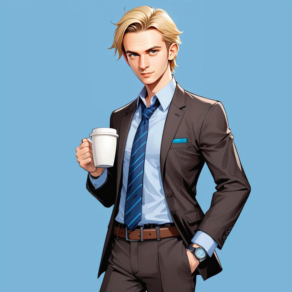 Anime Style Young Man in Business Suit Holding Coffee Cup