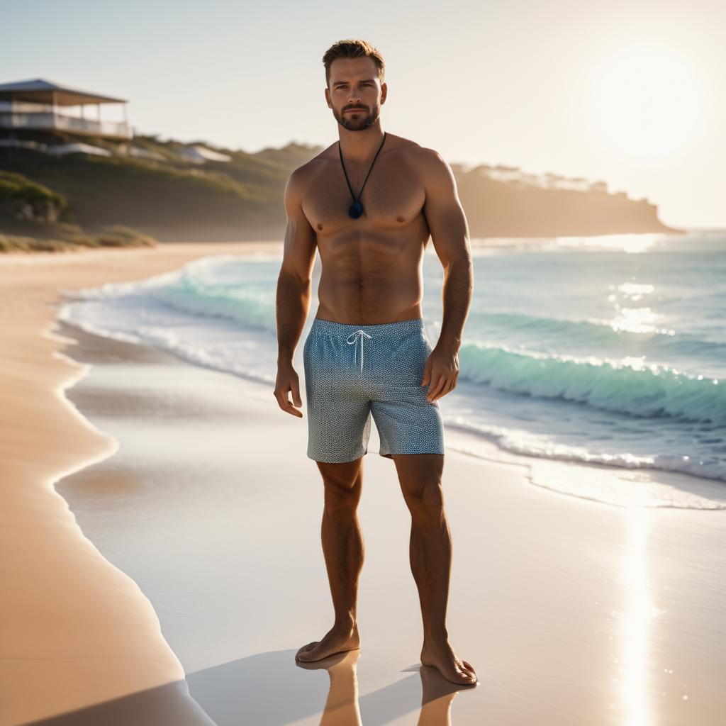 Fit Man on Serene Beach in Stylish Swim Shorts