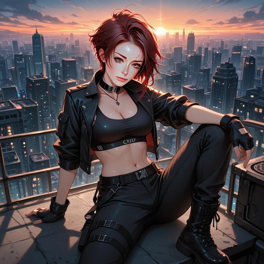 Cyberpunk Woman in Black Leather on City Rooftop at Sunset Digital Illustration