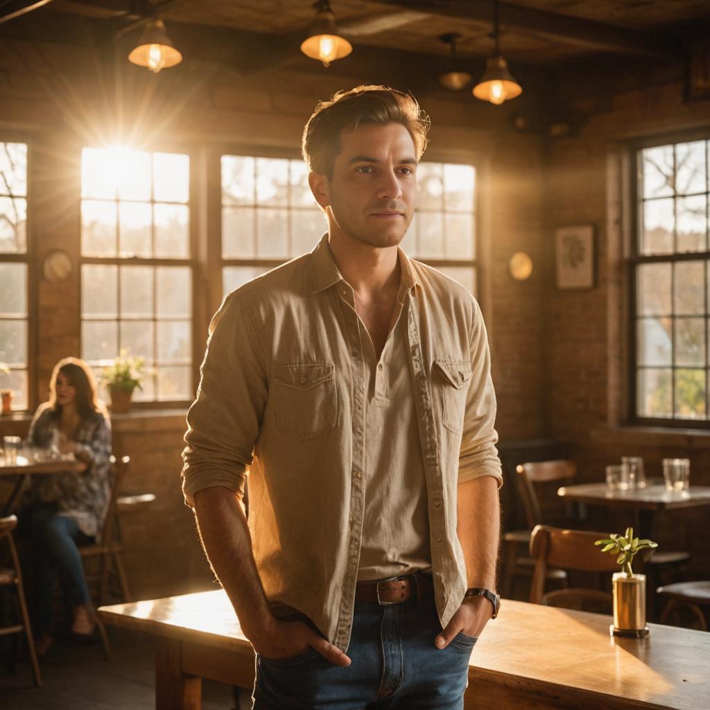 Confident man in rustic café