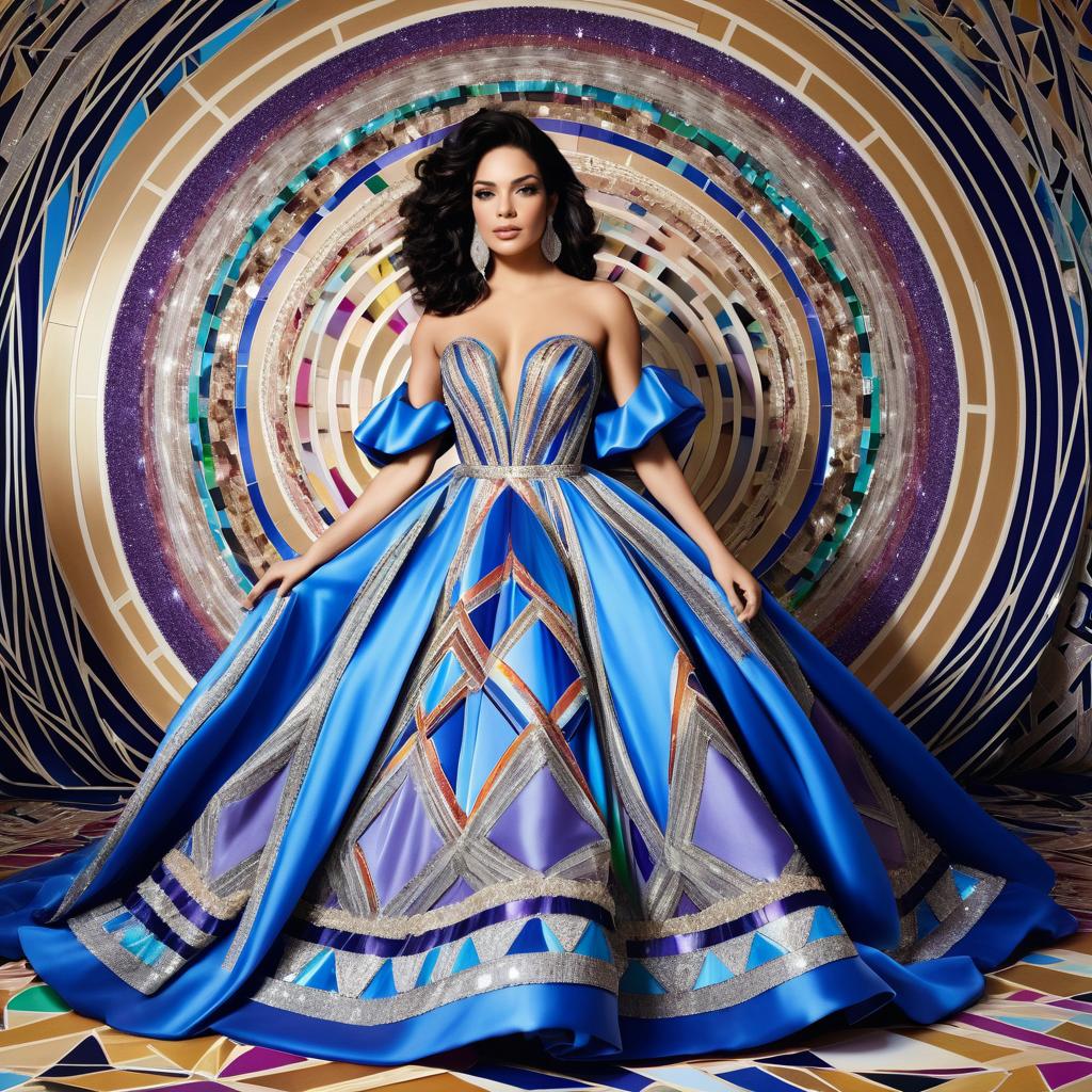 Stunning Woman in Vibrant Blue Gown Against Geometric Backdrop