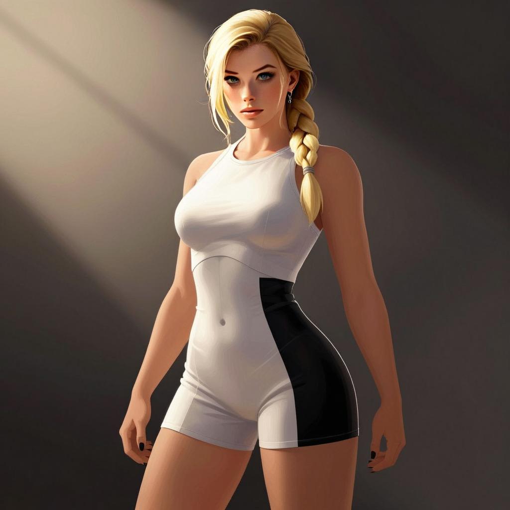 Blonde Woman in Sporty White and Black Outfit Digital Illustration