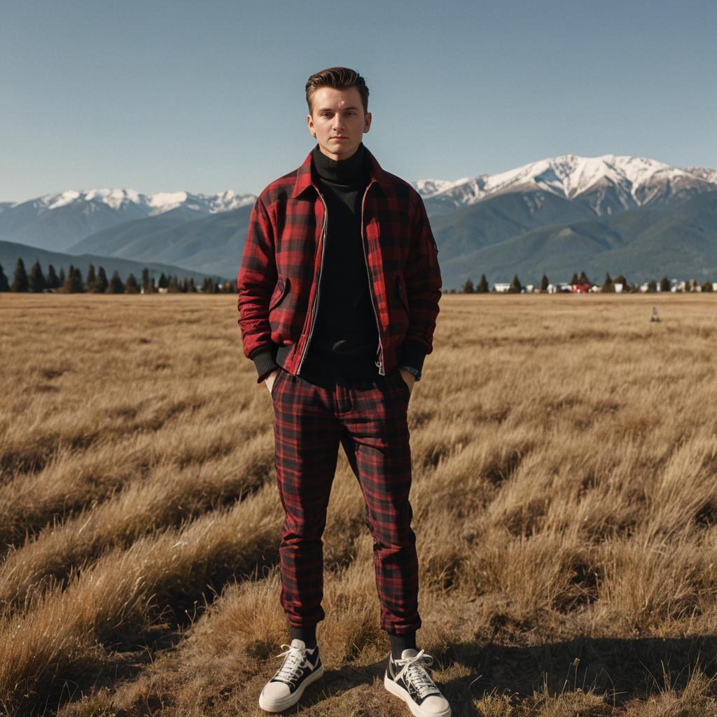 Man in Plaid Outfit in Open Field with Mountains