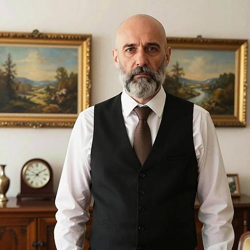 Portrait of Bald Man with Beard in Formal Vest and Tie Indoors