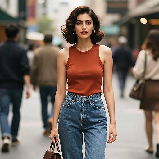 Confident Young Woman in Rust Top and High Waist Jeans on City Street