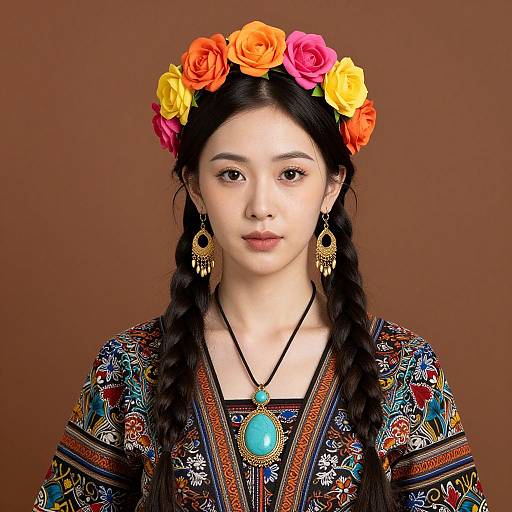 Portrait of Woman Wearing Floral Crown and Traditional Patterned Clothing