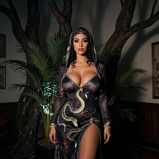Woman in Hooded Snake Dress with Thigh Slit Indoors