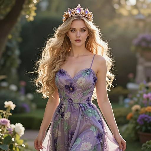 Elegant Woman in Floral Purple Dress with Jeweled Crown in Garden