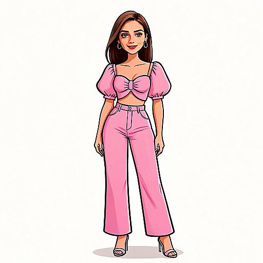 Stylish Woman in Pink Outfit Digital Illustration with Pretty Face and Hair