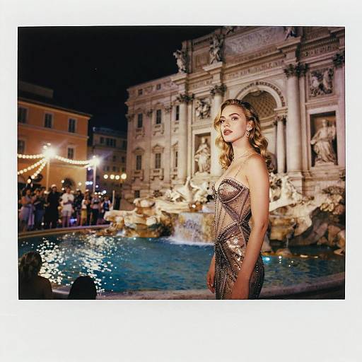 Elegant Woman at Night by Trevi Fountain in Sequin Evening Dress