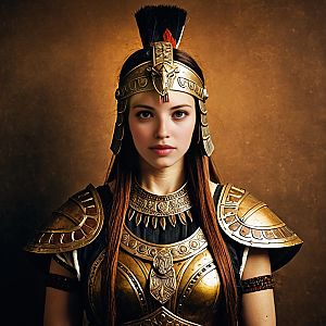 Ancient Warrior Queen Woman in Gold Armor with Feathered Headpiece