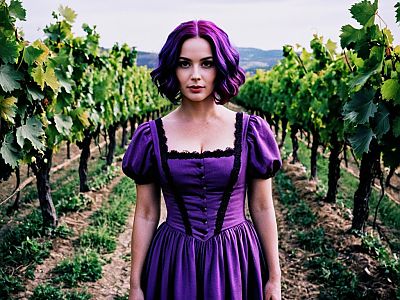 Purple-Haired Woman in Elegant Dress Standing in Vineyard