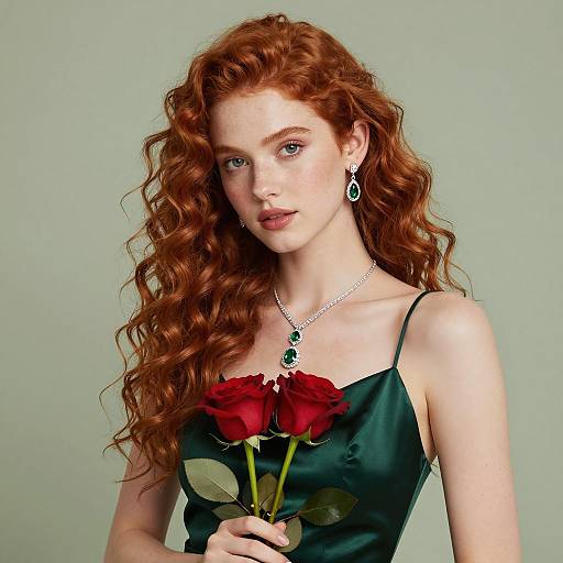 Elegant Red-Haired Woman in Green Dress Holding Red Roses with Emerald Jewelry