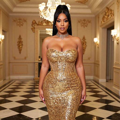 Elegant Woman in Sparkling Gold Sequin Dress in Luxurious Hallway