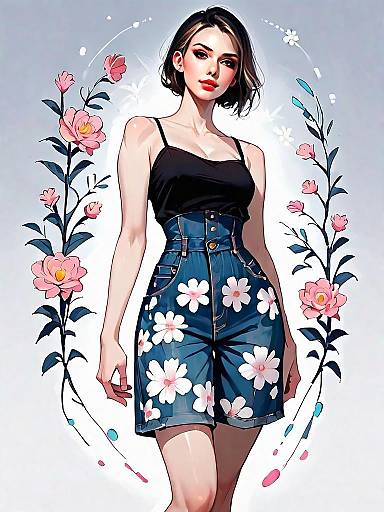 Realistic Comic Style Portrait of a Chic Woman in Floral Denim Shorts