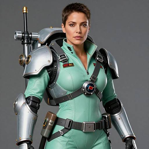 Futuristic Female Warrior in Mint Green Sci-Fi Armor Suit