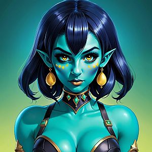 Blue-skinned woman with glowing eyes and ornate jewelry