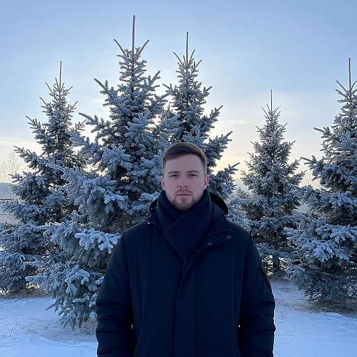 Man in Winter Coat Standing Among Snowy Evergreen Trees