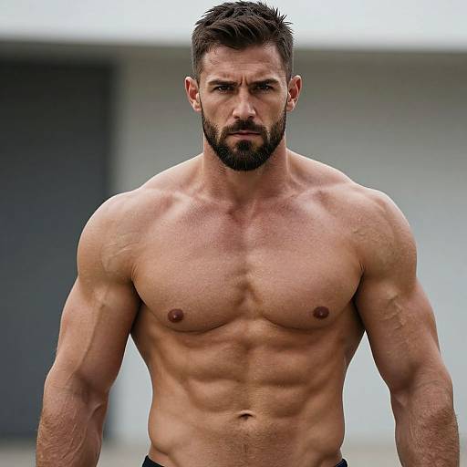 Muscular Shirtless Man with Chiseled Physique and Intense Gaze