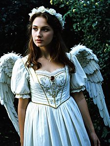 Woman in Romeo and Juliet Angel Costume with White Feathered Wings