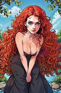 Digital Art of Woman with Fiery Red Hair in Lush Outdoor Setting