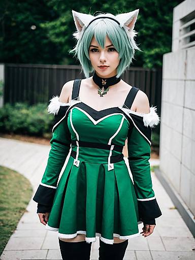 Arknights Cosplay Woman with Green Dress and Cat Ears