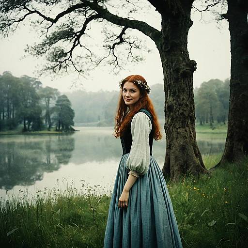 Young Woman in Vintage Dress by Lakeside in a Misty Forest