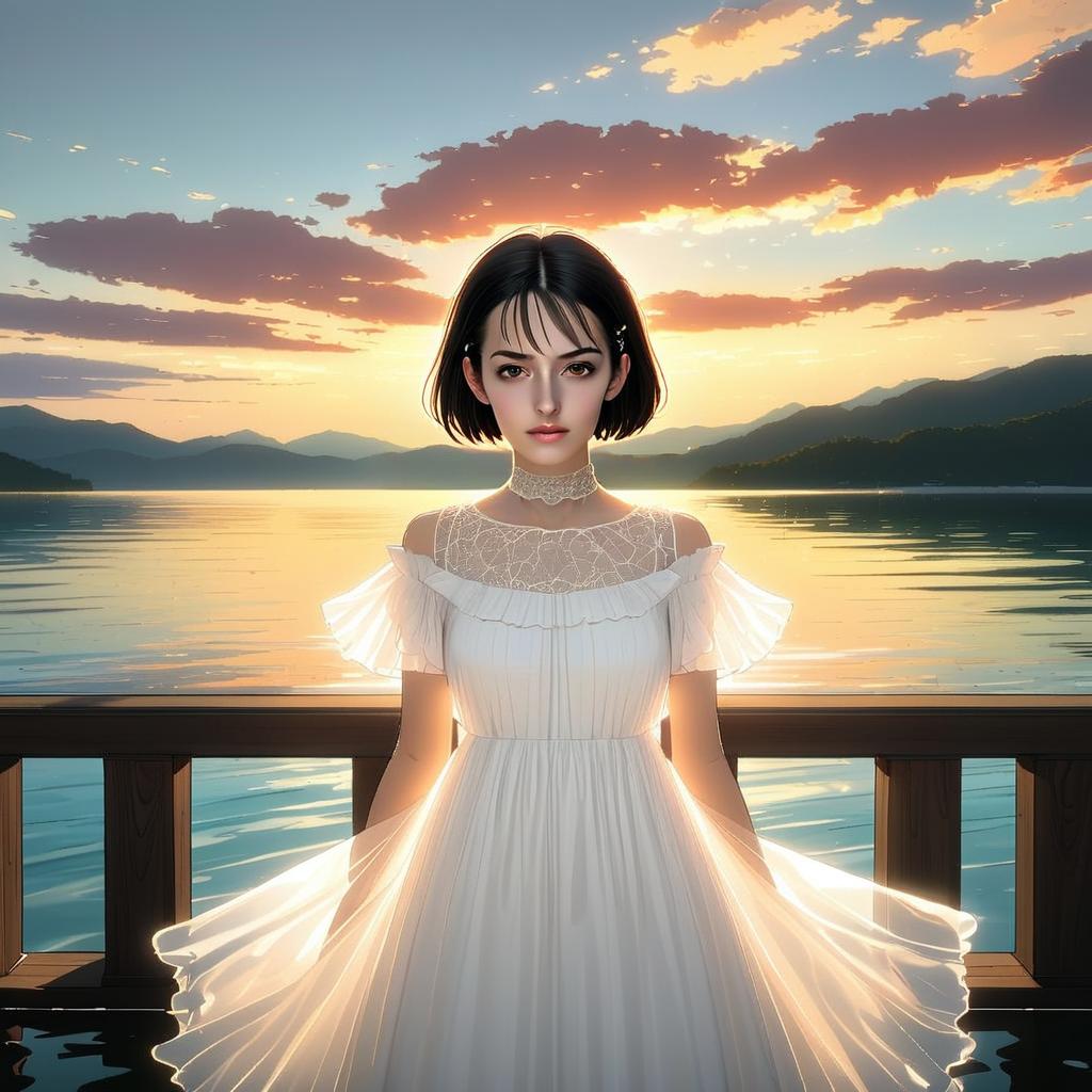 Young Woman by Tranquil Lake at Sunset