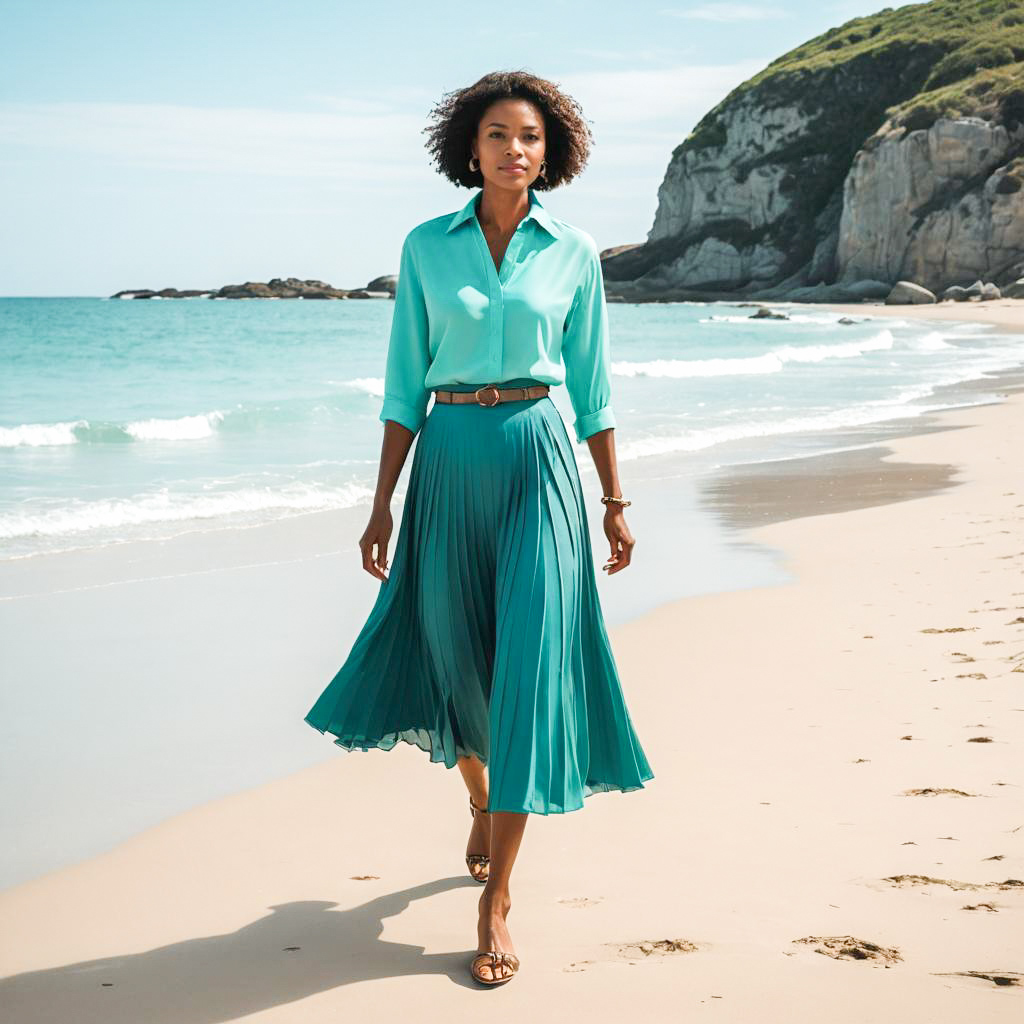 Stylish Woman on Serene Beach in Turquoise and Teal