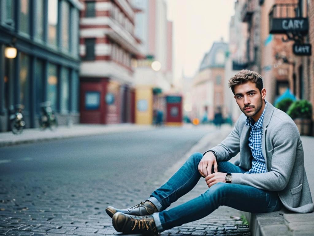 Young man in gray blazer sitting on pavement