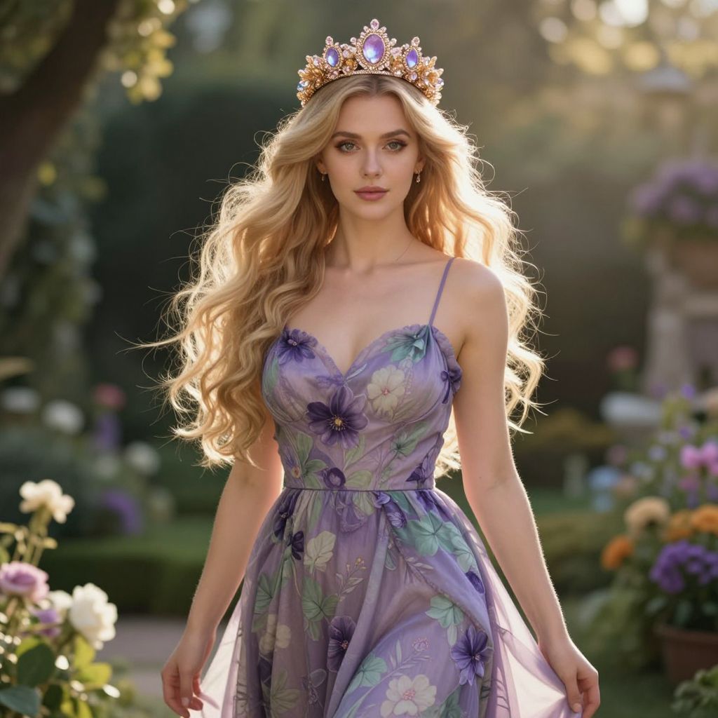 Elegant Woman in Floral Purple Dress with Jeweled Crown in Garden