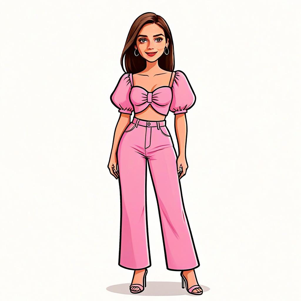 Stylish Woman in Pink Outfit Digital Illustration with Pretty Face and Hair