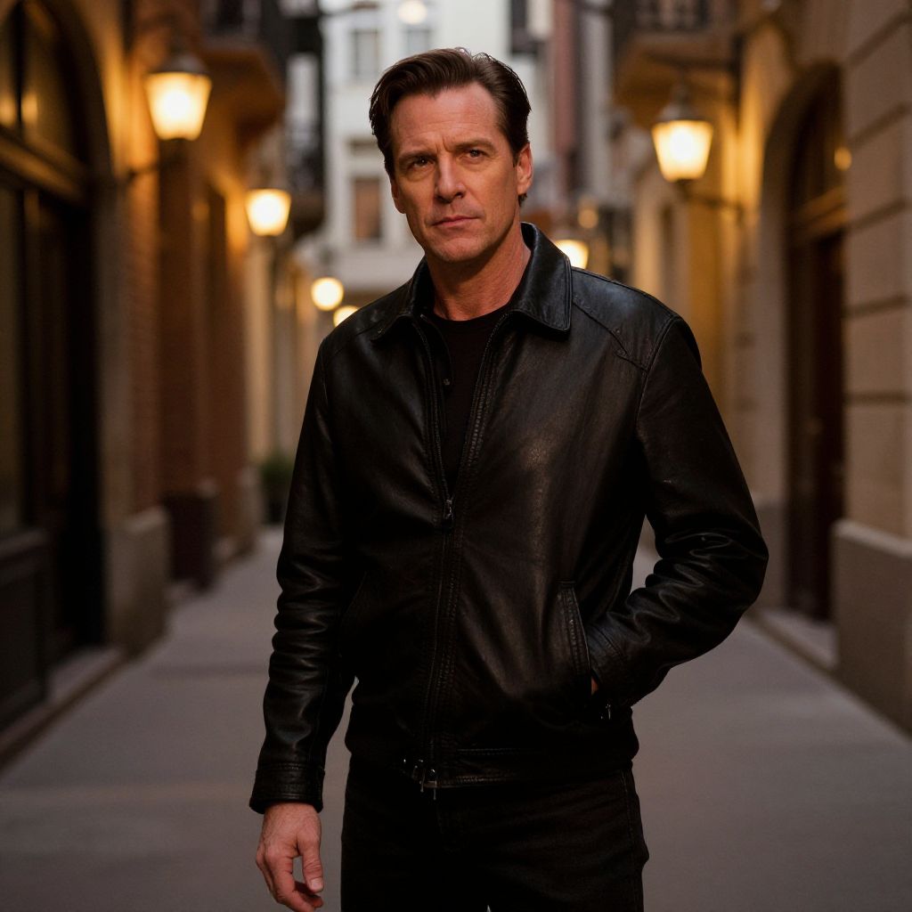 Man in Black Leather Jacket Standing in Evening Alleyway