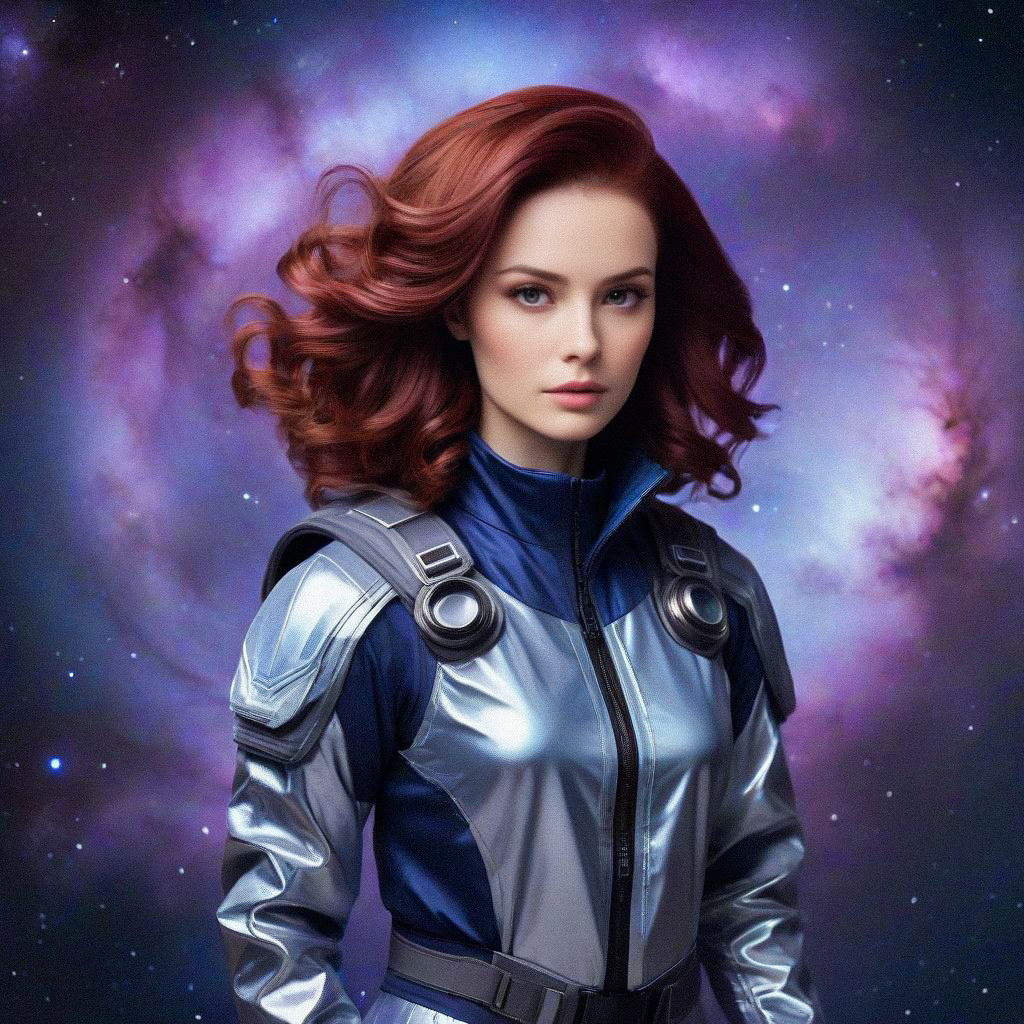 Woman in Metallic Space Suit with Red Hair in Cosmic Background