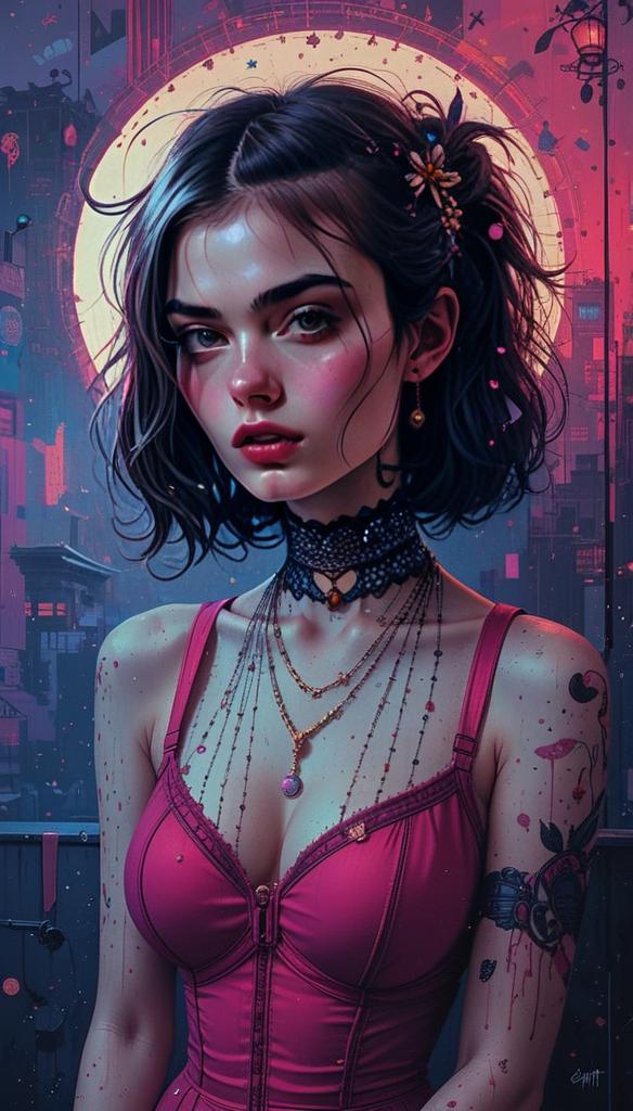 Digital portrait of a young woman in pink corset with floral hairpins Digital portrait of a young woman in pink corset with floral hairpins