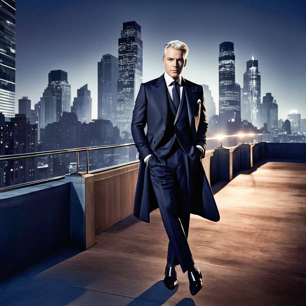 Stylish Man in Dark Suit Against City Skyline at Night