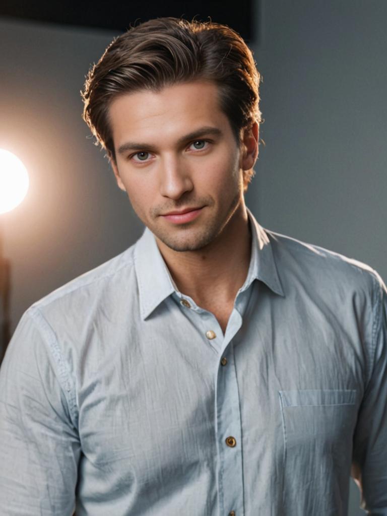 Confident man in professional pose against softly lit background