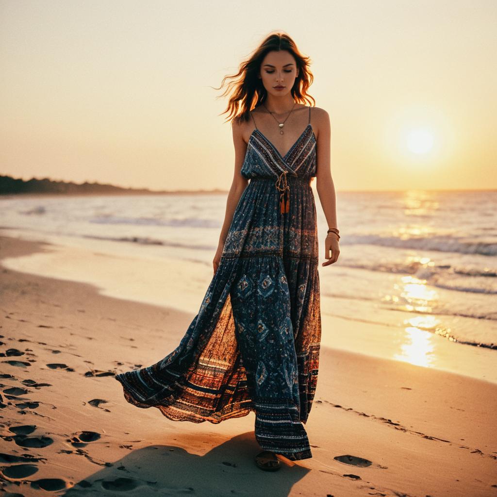 Woman in Bohemian Maxi Dress Walking on Beach at Sunset