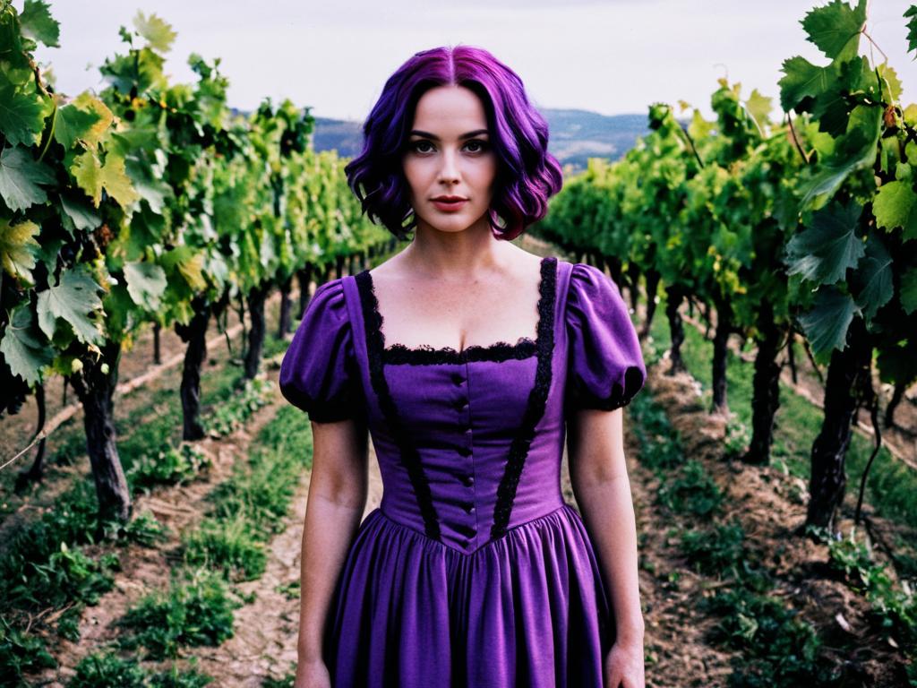 Purple-Haired Woman in Elegant Dress Standing in Vineyard