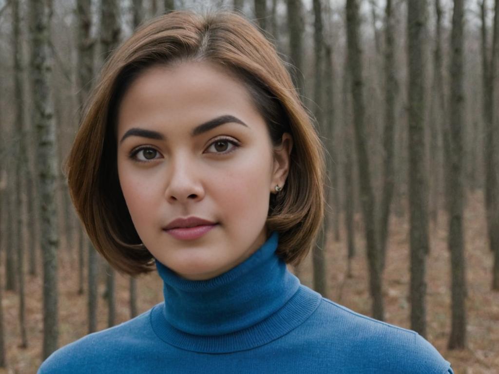 Confident Woman in Blue Turtleneck in Autumn Forest