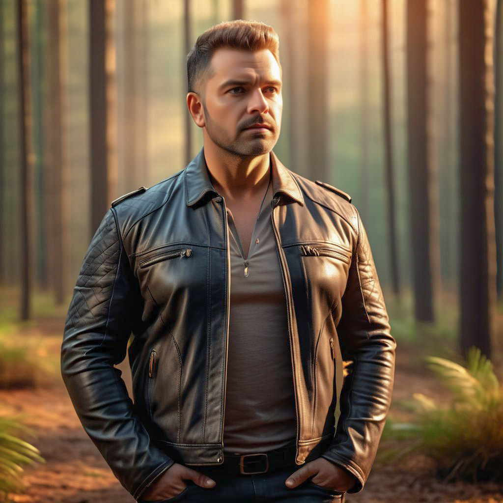 Confident Man in Forest with Leather Jacket