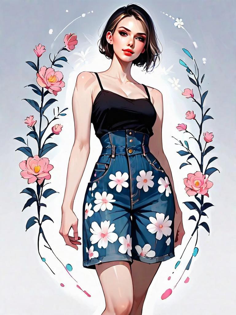 Realistic Comic Style Portrait of a Chic Woman in Floral Denim Shorts