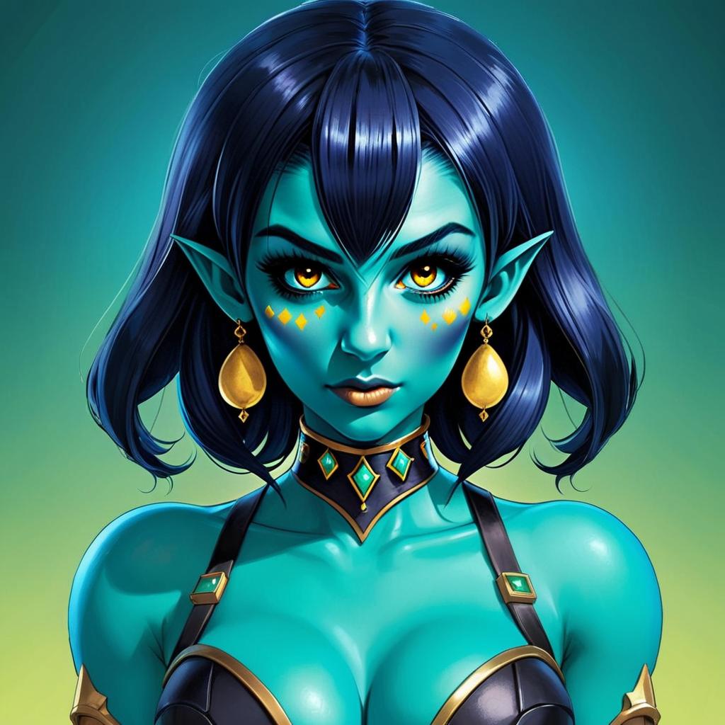 Blue-skinned woman with glowing eyes and ornate jewelry