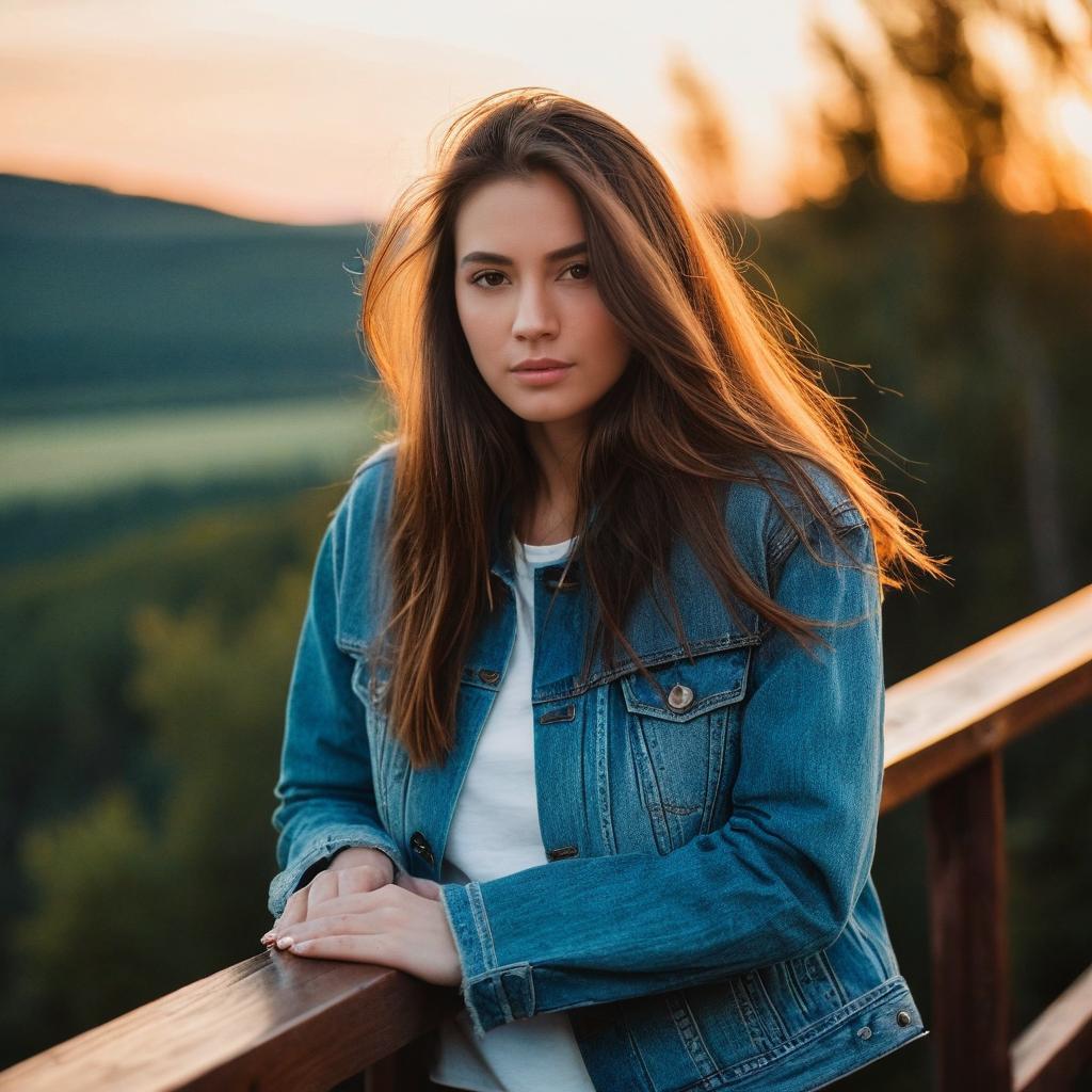 Young Woman in Denim Jacket at Sunset Outdoors