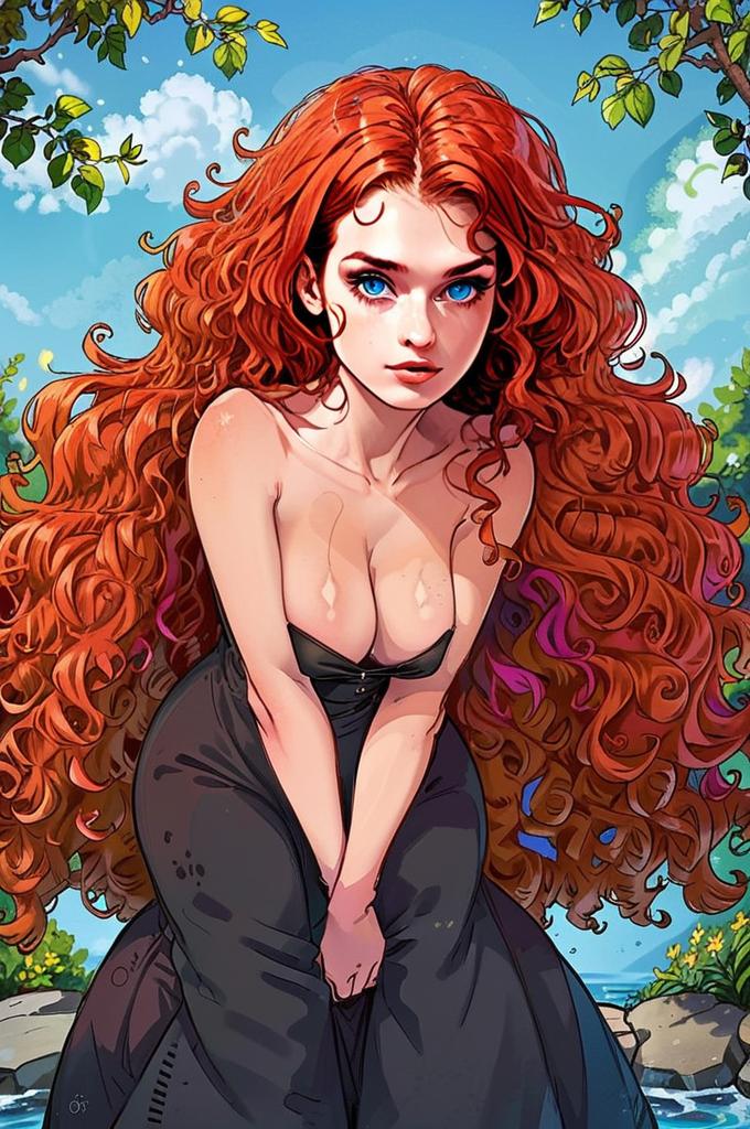 Digital Art of Woman with Fiery Red Hair in Lush Outdoor Setting