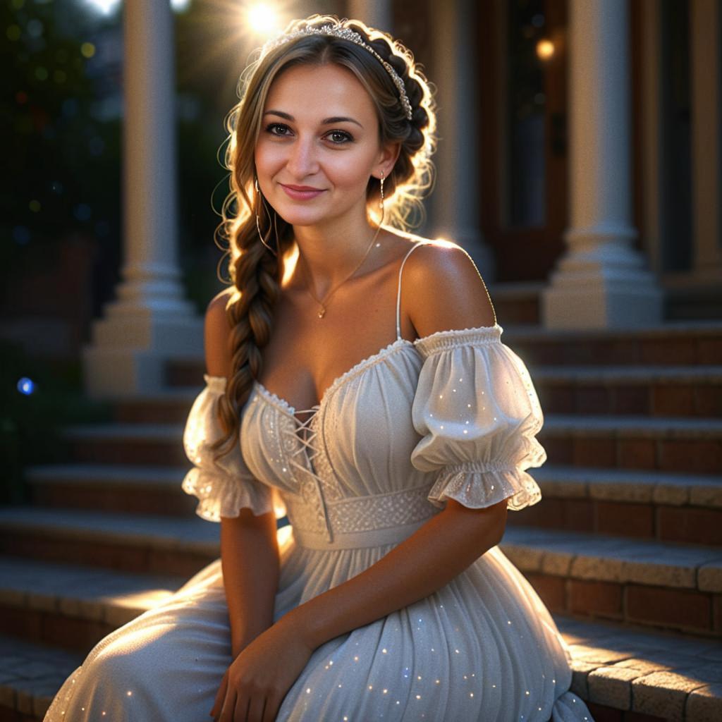 Elegant Woman in White Dress on Steps