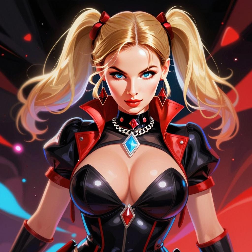 Futuristic Blonde Woman in Black and Red Outfit Digital Illustration