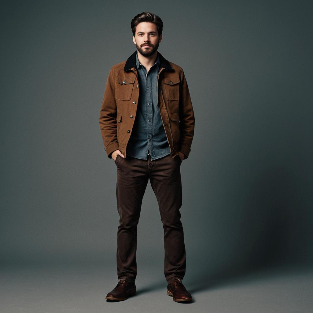 Man Wearing Dark Brown Dress Shoes and Brown Jacket Full Body Portrait
